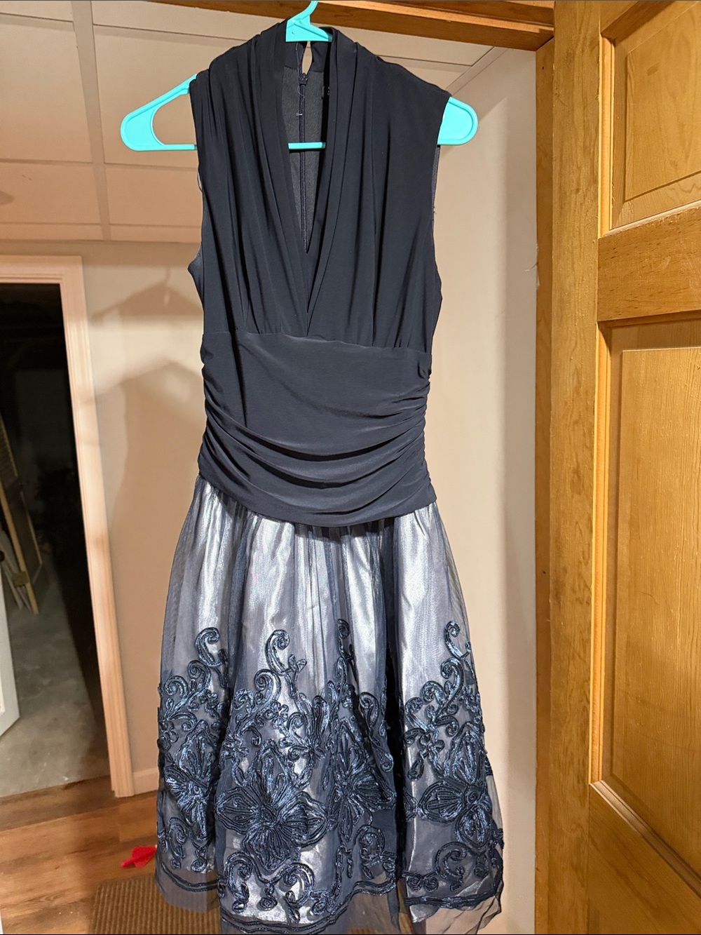 SLNY Black Sleeveless V-Neck Midi Dress with Metallic Embroidered Skirt